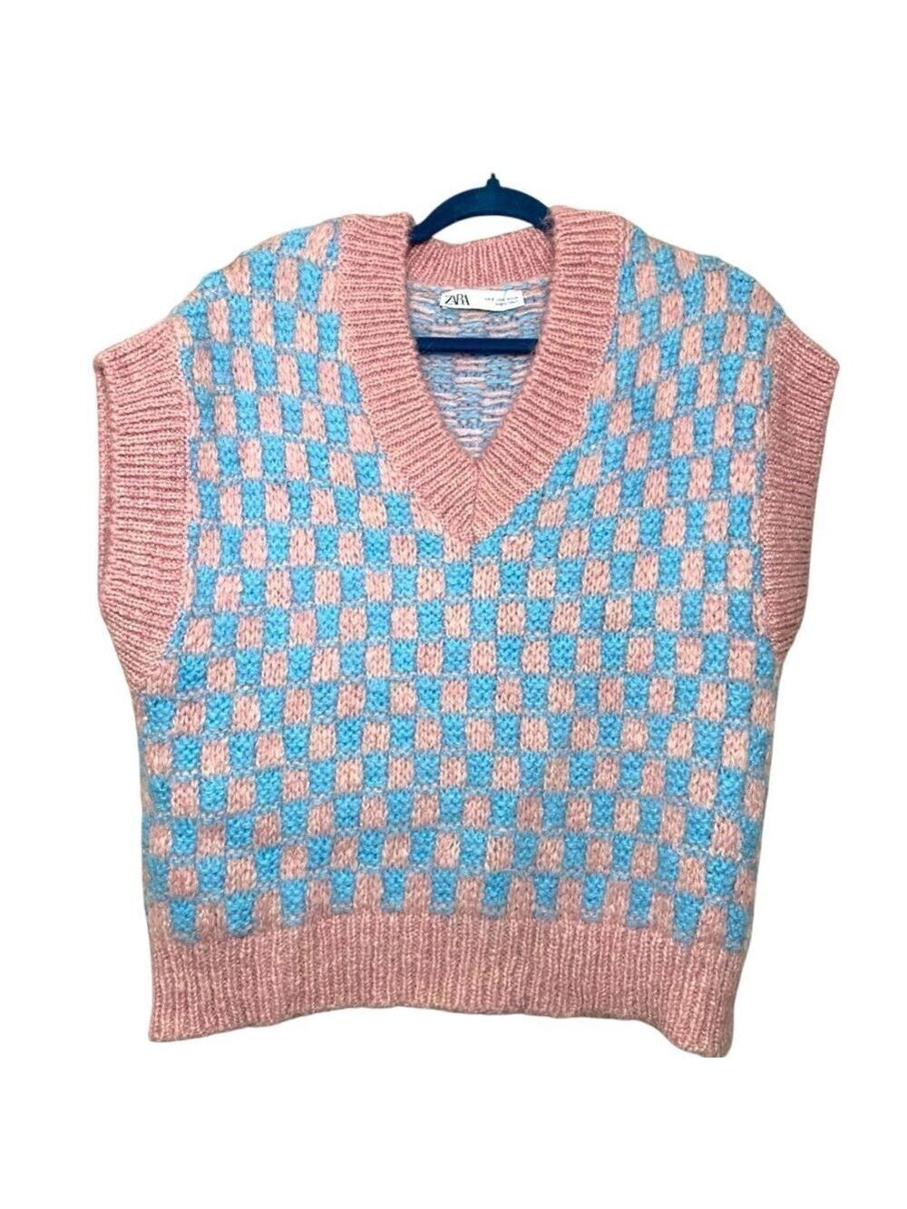 Zara Knit Sweater Vest Wool Blend Pink Blue Sz S Relaxed V Neck Checkered Top